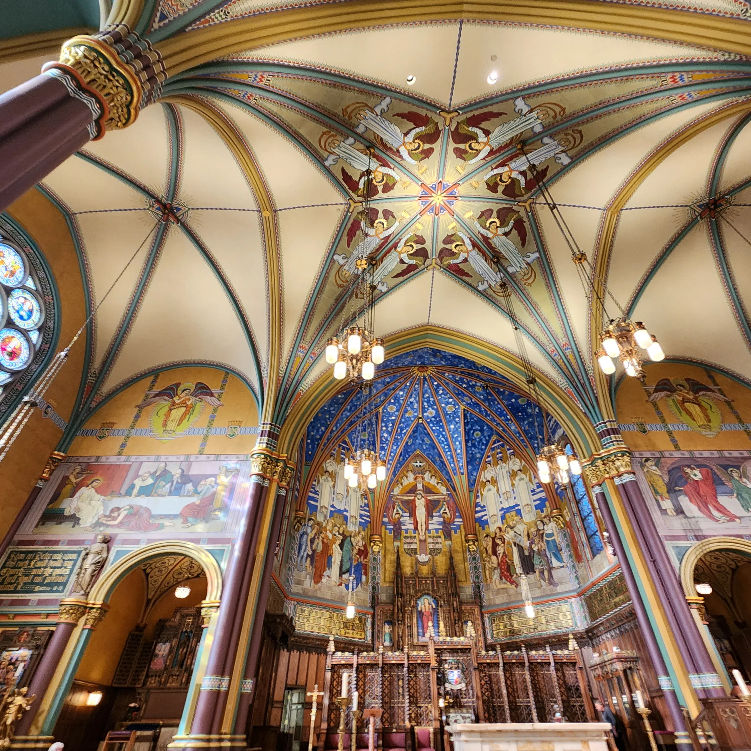 The painted vaulted ceiling and altar inside the Cathedral of the Madeleine, Salt Lake City